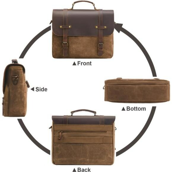 Mens Waxed Canvas Messenger Bag Leather Laptop Briefcase 15 Inch Work Satchel - Picture 6 of 7